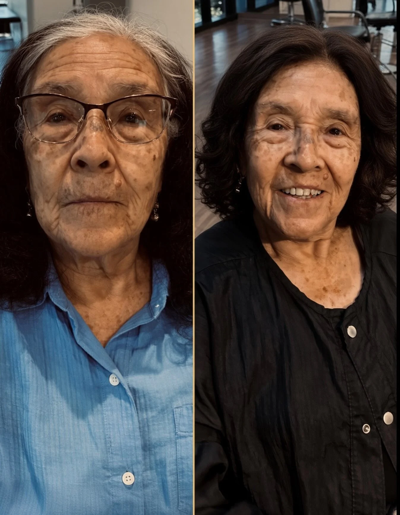 Before and after: an 86-year-old client with shorter length, soft face-framing layers, and richer color