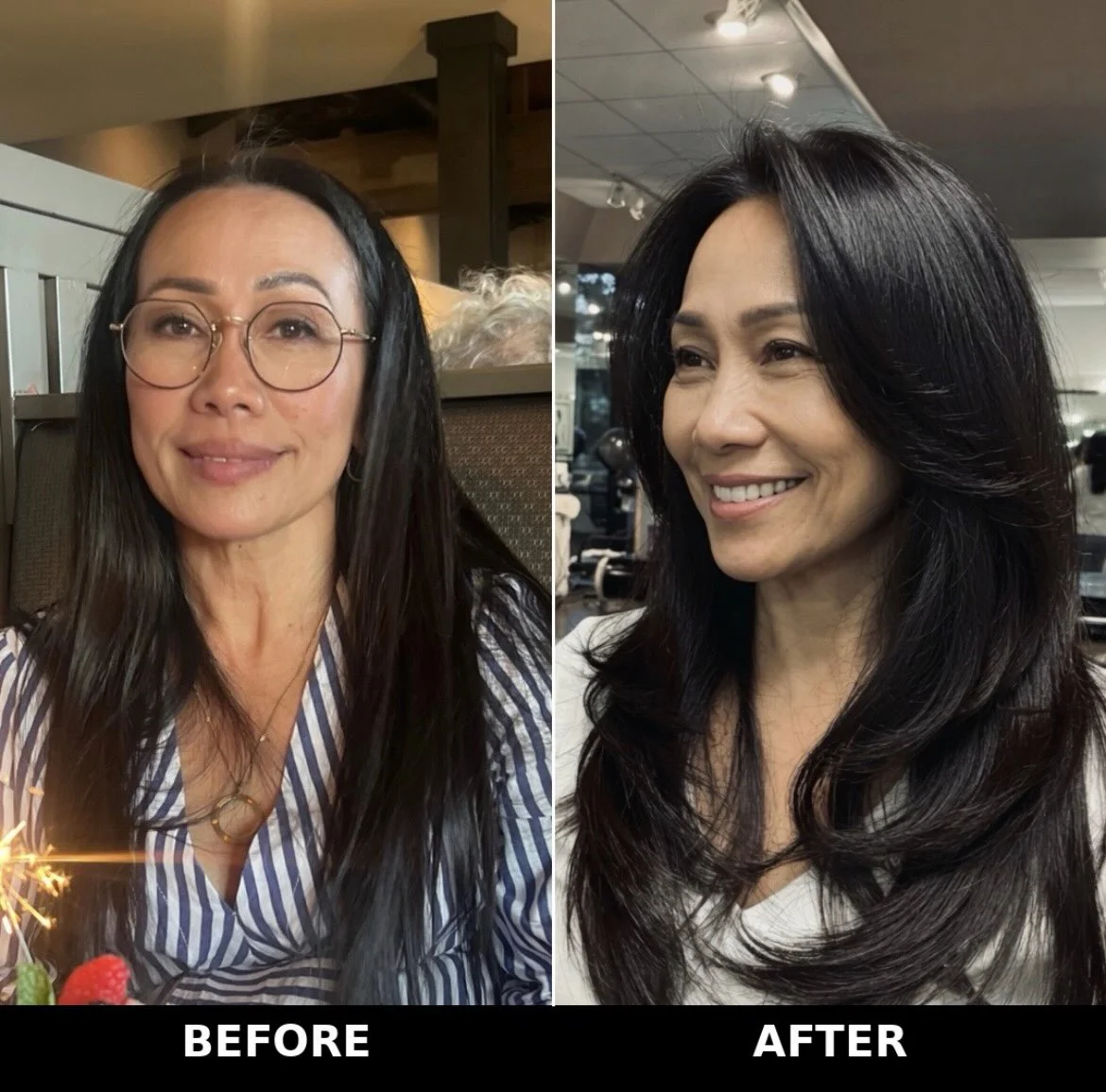 Before and after: long, flat dark hair cut into soft layers with body and movement
