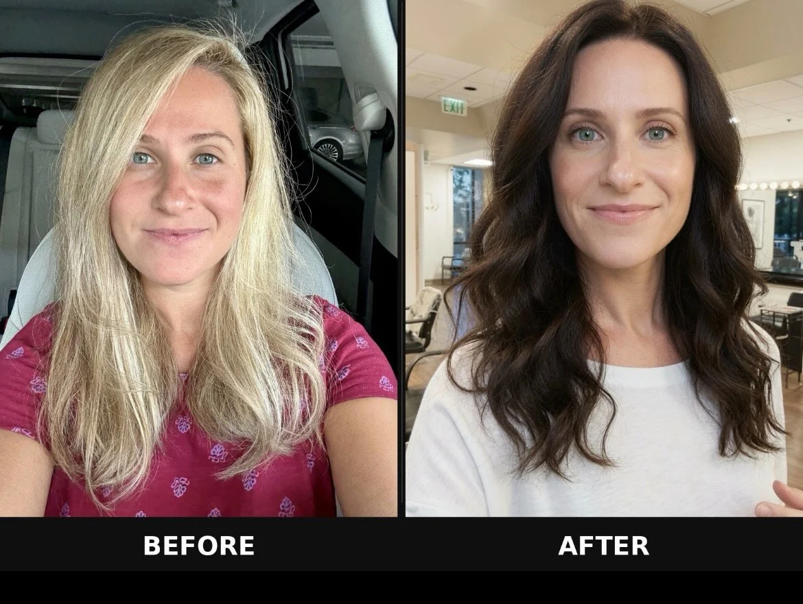 Before and after: long blonde hair changed to a rich brunette with soft waves