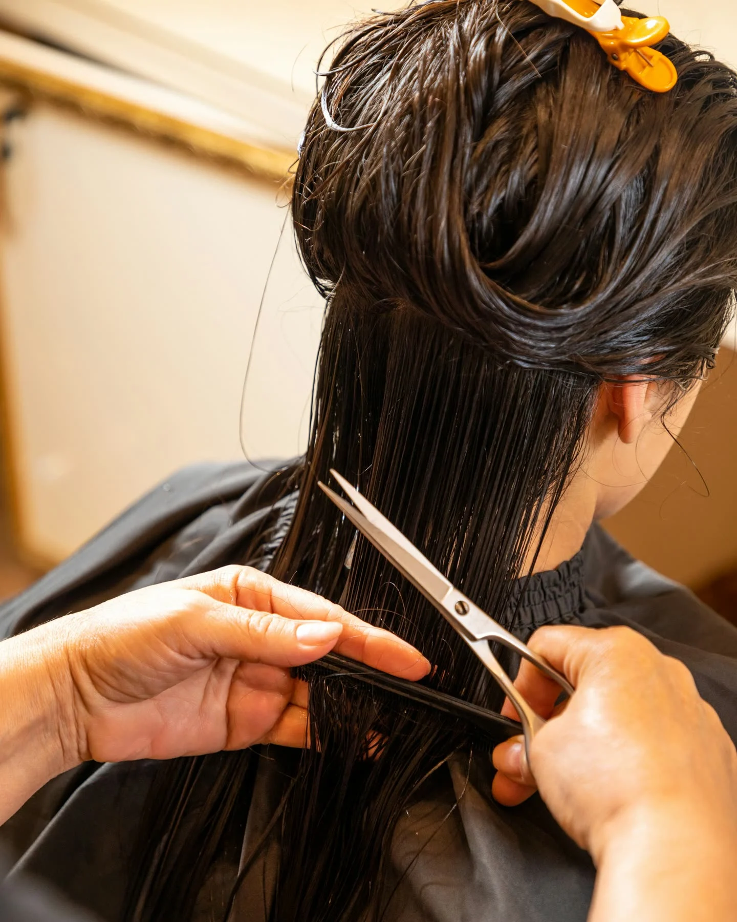 A stylist cuts a section of long, wet dark hair with scissors and a comb
